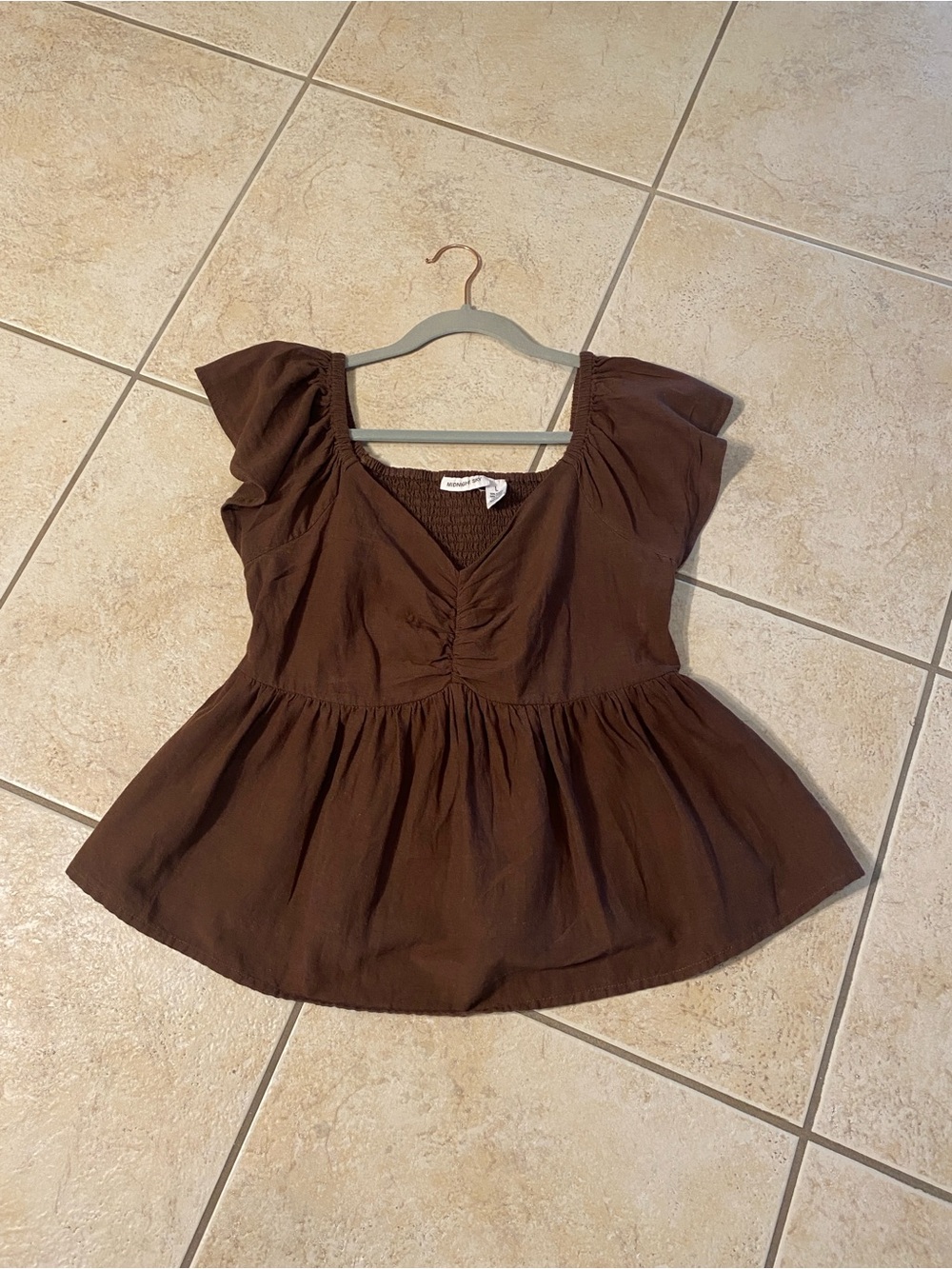 Linen Flutter Sleeve Brown Peplum Blouse with sweetheart neckline